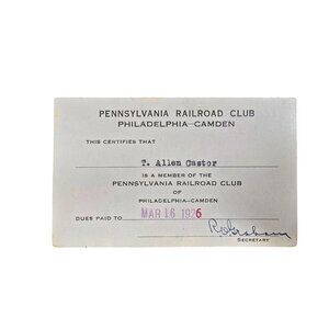 Pennsylvania Railroad Club Philadelphia-Camden Membership Card 1926 Castor